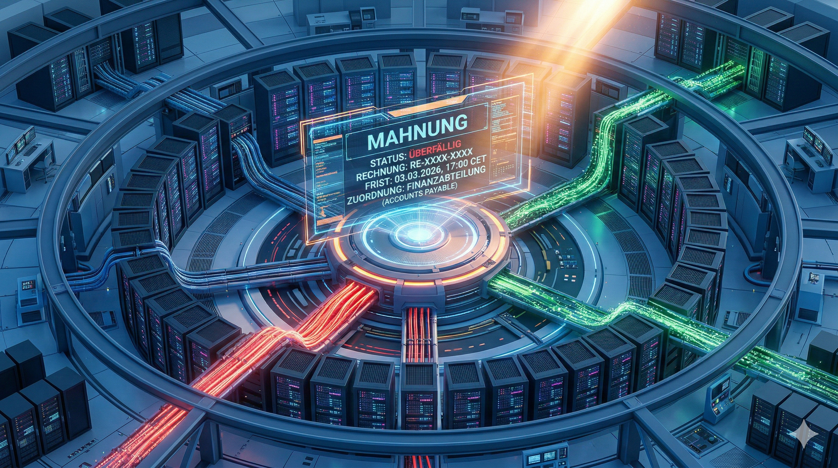 Infografik eines futuristischen Rechenzentrums mit einer KI-Holografie, die eine überfällige Mahnung für die Kreditorenbuchhaltung priorisiert. (Gemini, Roessler ProResult)