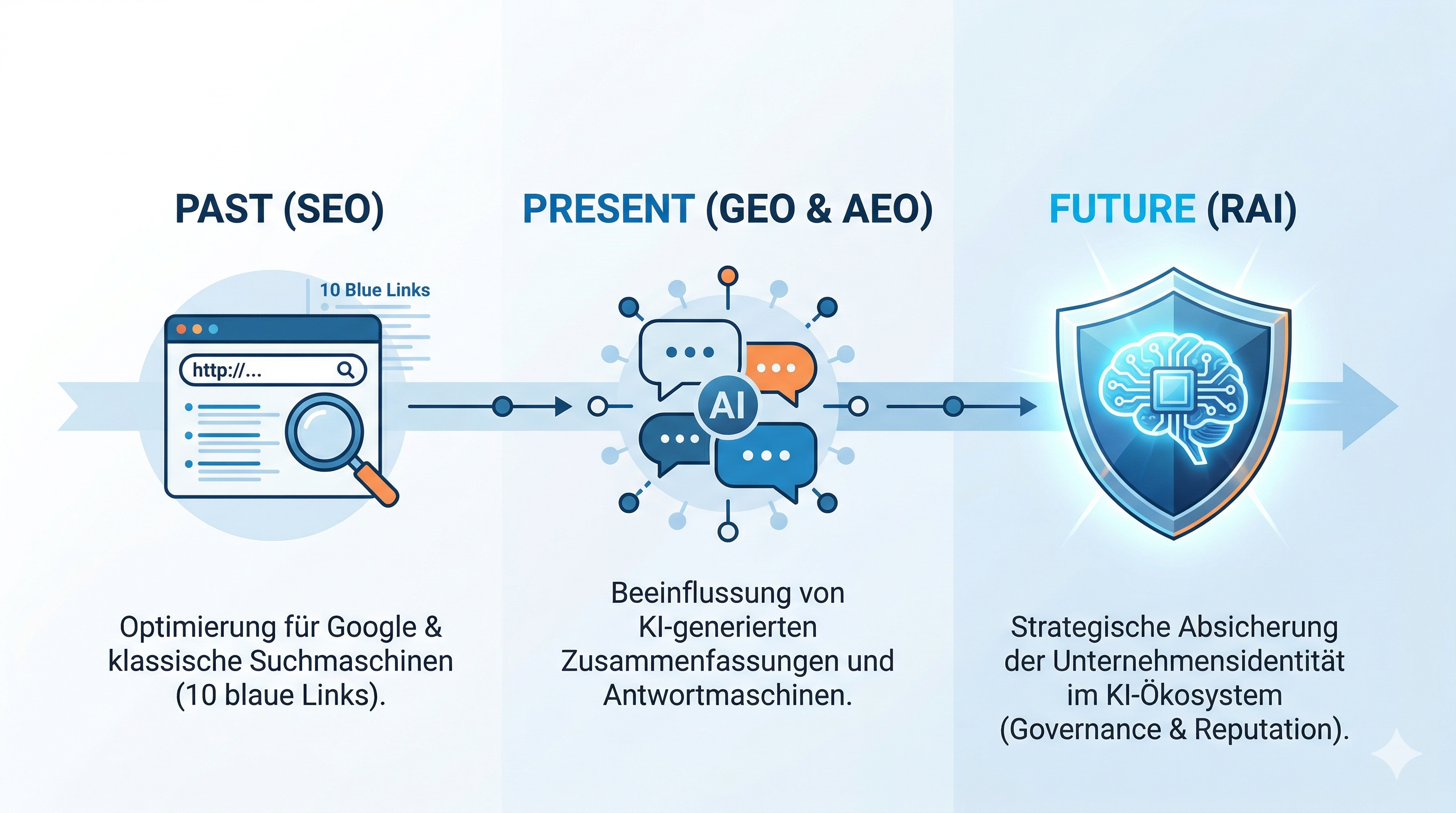 Timeline der Einordnung - von SEO über GEO und AEO zu RAI Reputation Architecture in AI (Gemini)